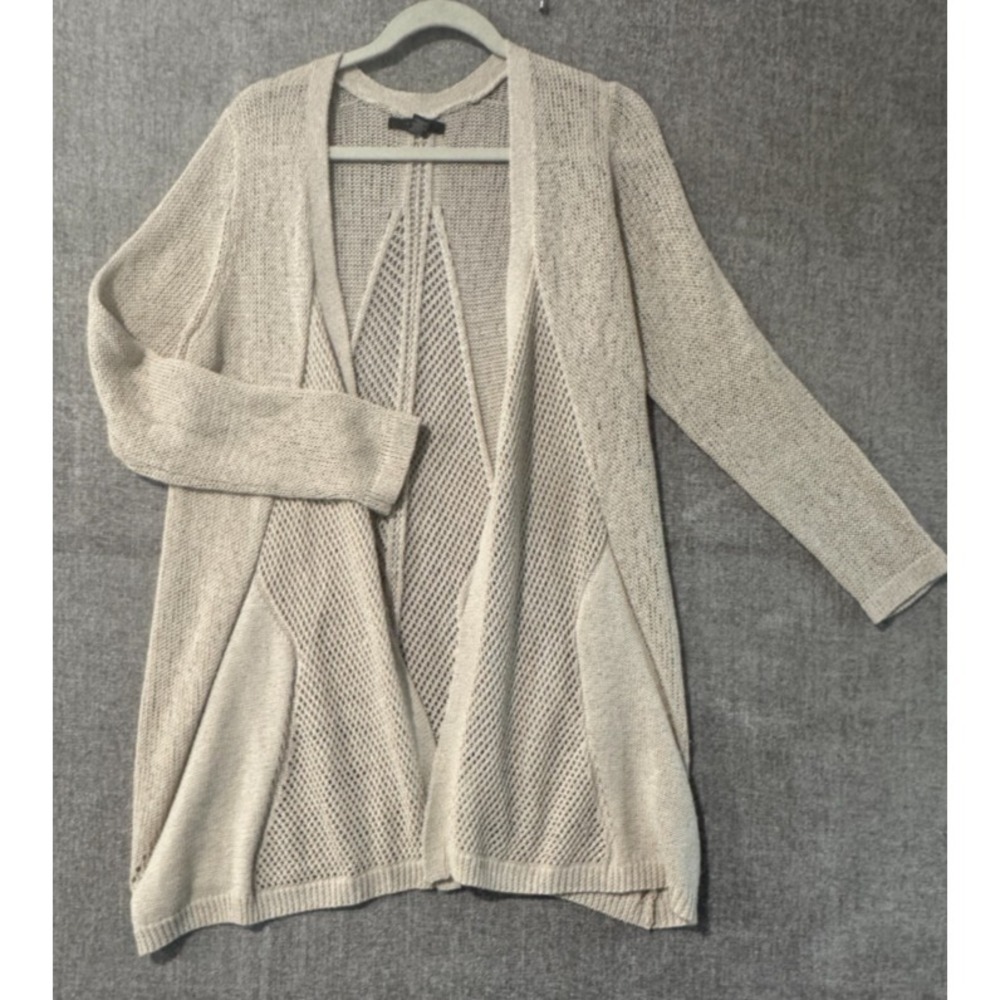 Tahari Open Knit Cardigan Womens 1X Beige Lightweight Drape Boho Layer Costal